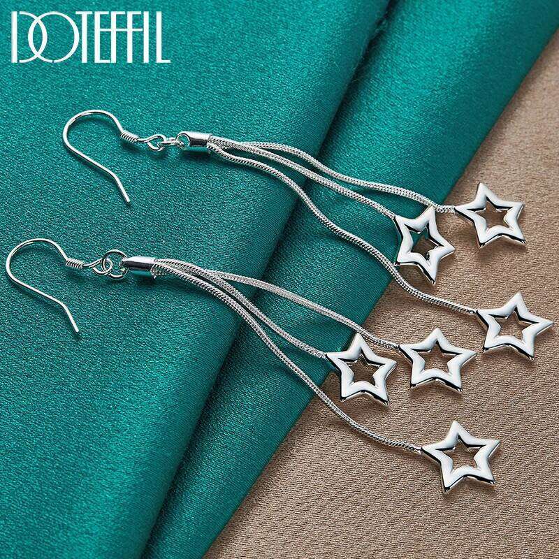 DOTEFFIL 925 Sterling Silver Three Snake Chain Star Drop Woman Earrings Best Gift Wedding Engagement Jewelry