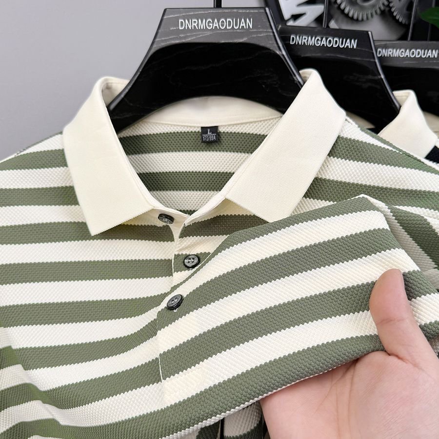 Luxury Brand Designer Clothes 2025 New Striped Light Luxury Casual Mens Short Sleeve Turn-Down Collar Polo Summer Trendy Mens High-End Shirt T-Shirt