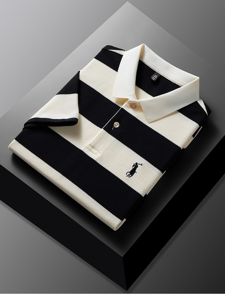 2026 Luxury Brand Designer Clothing Summer Men's New Turn-Down Collar Loose Short Sleeve T-Shirt Wide Stripe Embroidery Fashion Business Middle-A
