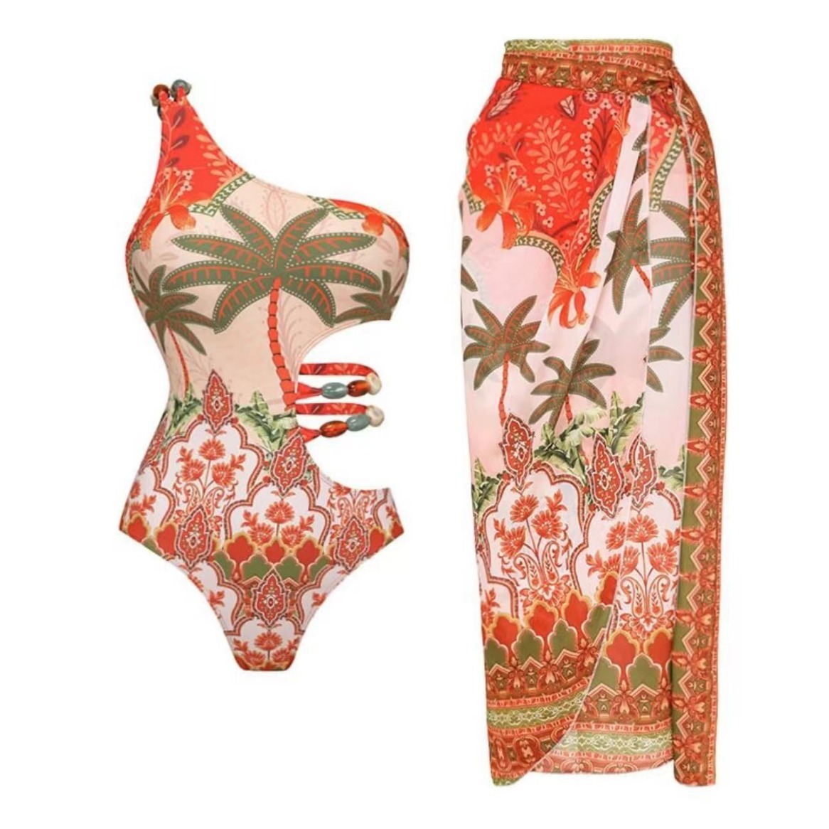 Coconut Tree Sexy Bikini One-Piece Swimsuit for Women One-Shoulder Backless Set Beachwear Push-Up Conservative Tummy Covering