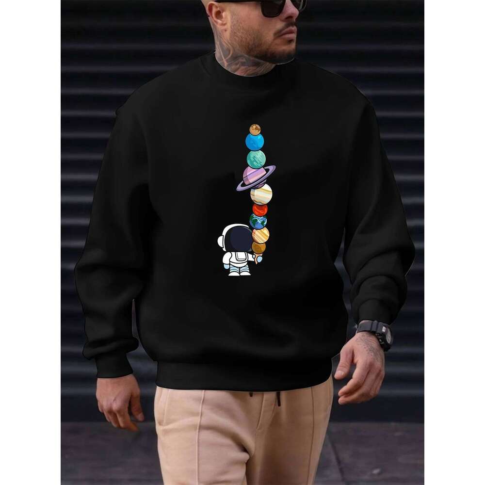 Men's autumn and winter fashionable casual loose astronaut planet graphic fleece long sleeved round neck sweatshirt X260107