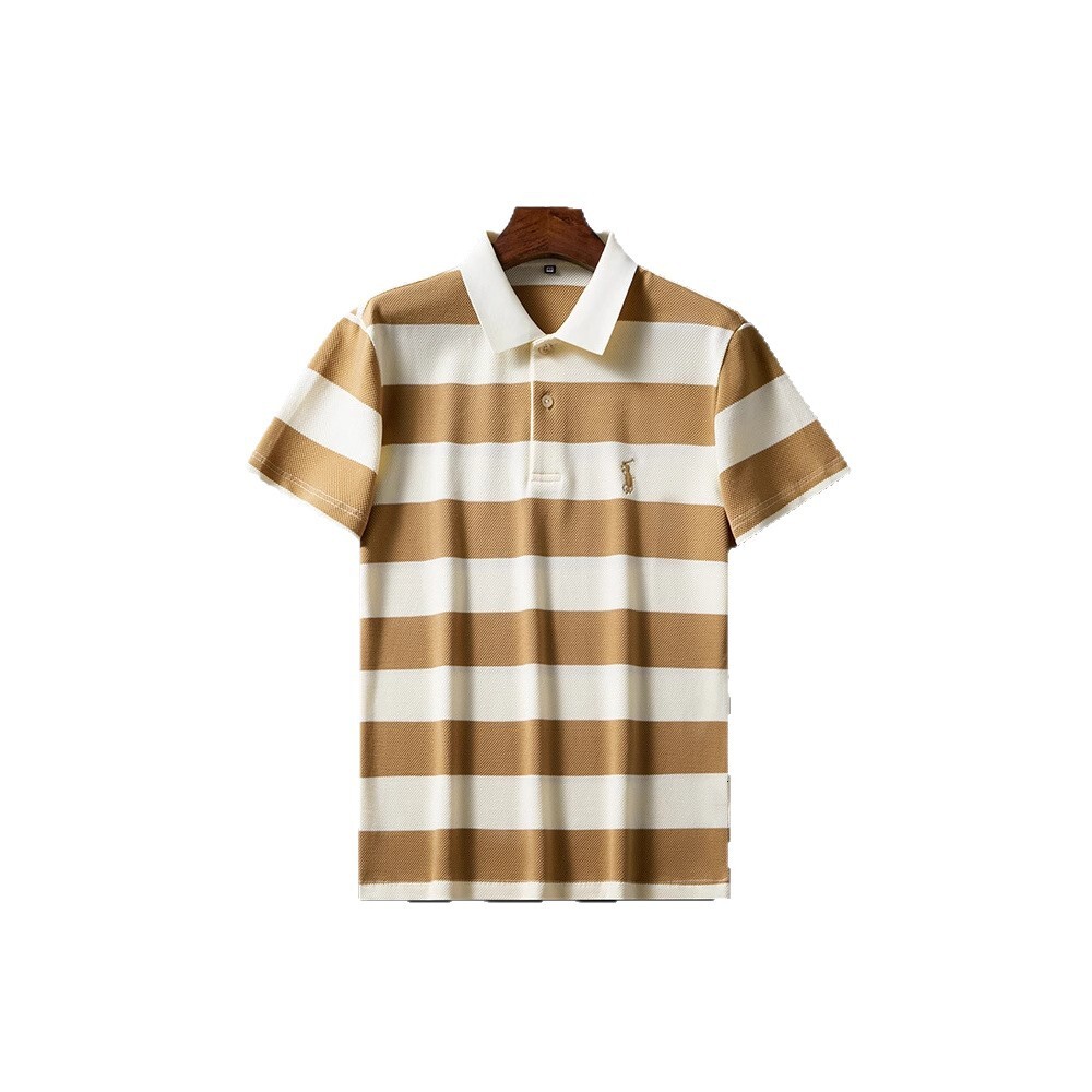 2026 Luxury Brand Designer Clothing Summer Men's New Turn-Down Collar Loose Short Sleeve T-Shirt Wide Stripe Embroidery Fashion Business Middle-A