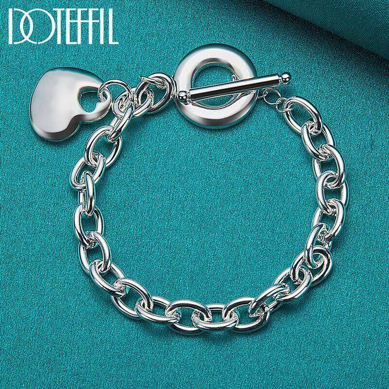 DOTEFFIL 925 Sterling Silver Solid Heart Pendant Bracelet Thick Chain For Woman Man Charm Wedding Engagement Fashion Jewelry