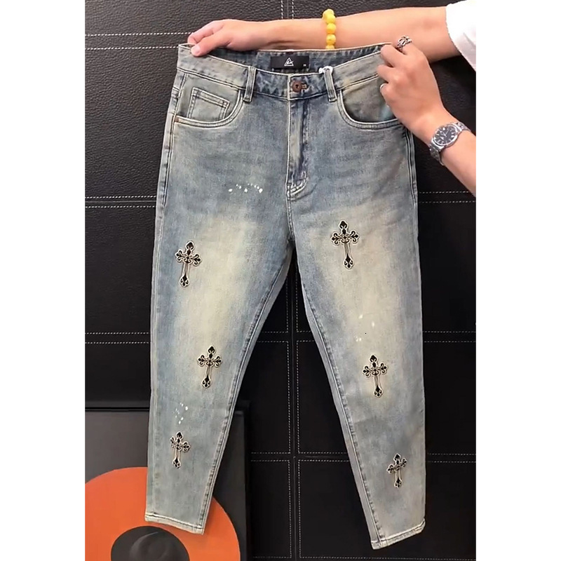 Designer Clothes Summer New Loose Straight Jeans For Men, Stylish Luxury Brand And Unique Cross Embroidery Casual Pants, Versatile Long Pants