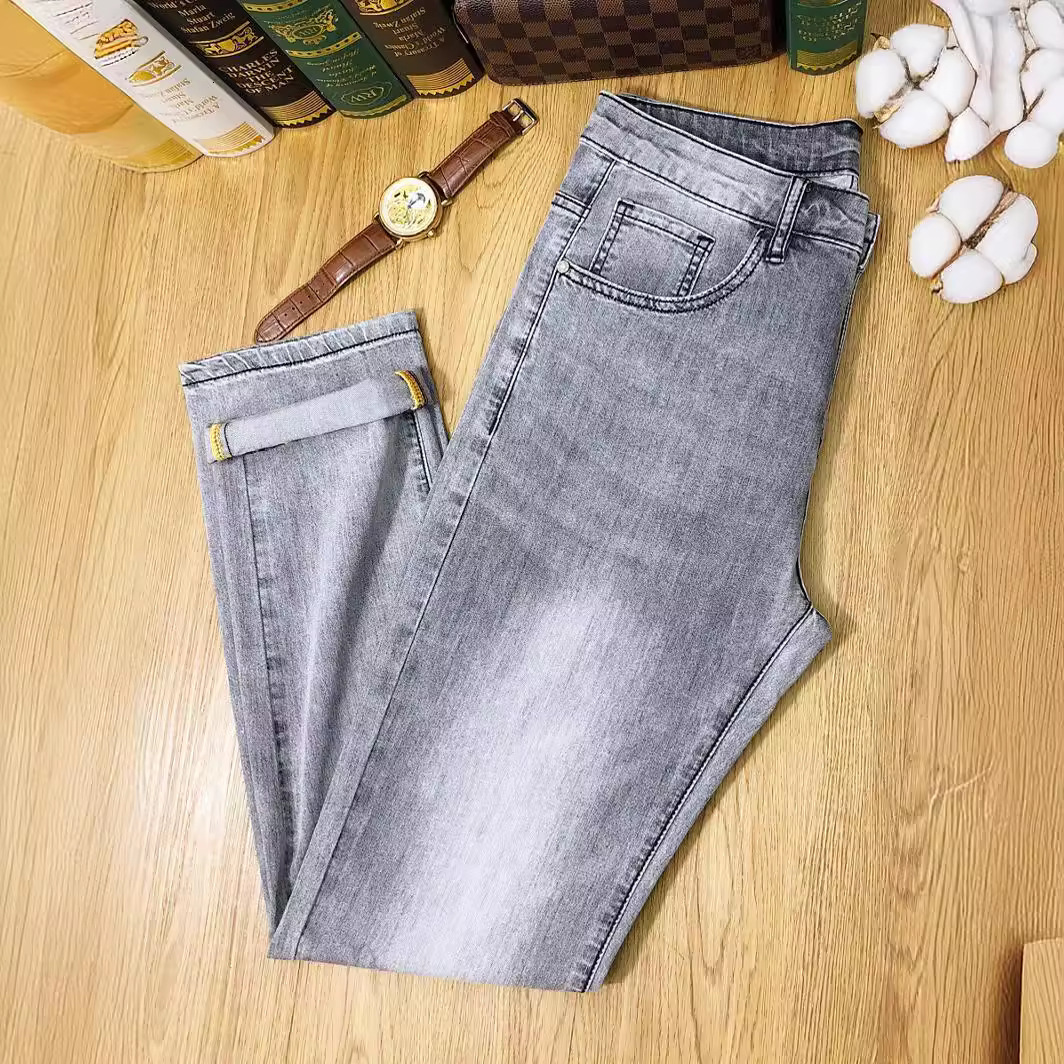 Designer Clothes Summer Thin Men's Luxury Brand Light Gray Lyocell Ice Oxygen Jeans Breathable Slim Fit Straight Trendy Men's Long Pants New