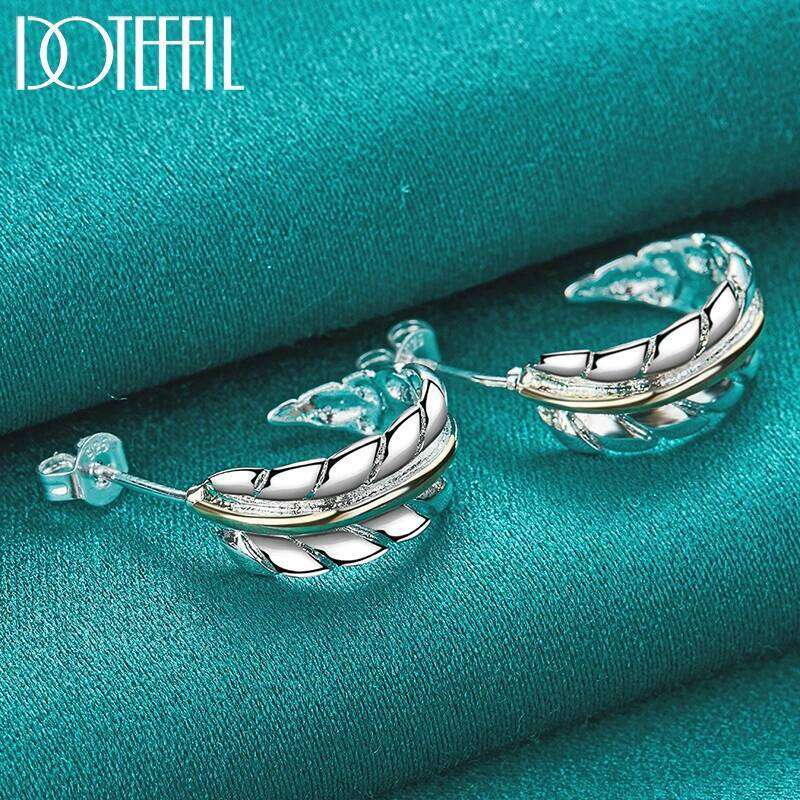 DOTEFFIL 925 Sterling Silver Gold Feather Stud Earrings For Woman Wedding Engagement Fashion Party Charm Jewelry