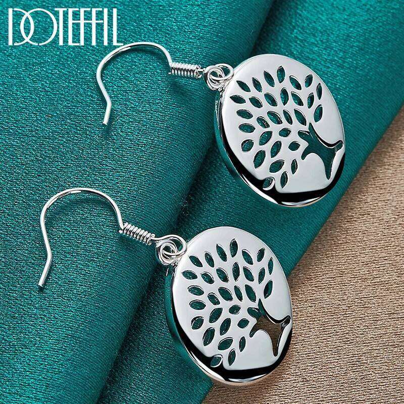 DOTEFFIL 925 Sterling Silver Circle Tree Drop Earring Charm For Woman Jewelry Fashion Wedding Engagement Party Gift