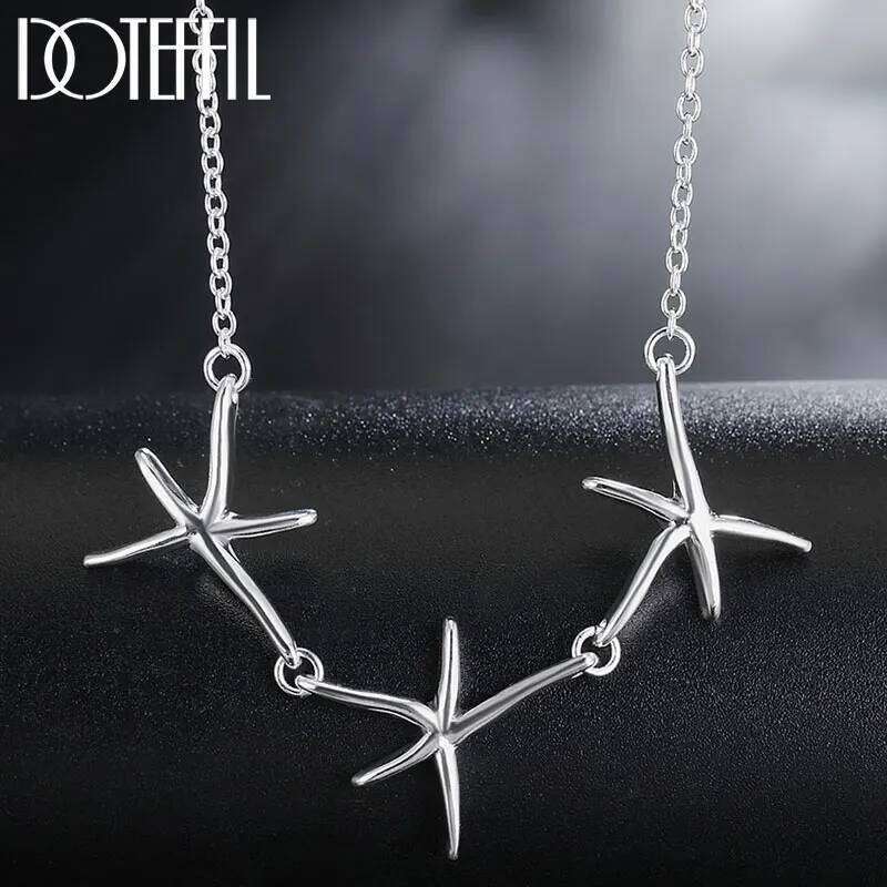 DOTEFFIL 925 Sterling Silver 18 Inch Three Starfish Pendant Chain Necklace For Women Fashion Wedding Party Charm Jewelry