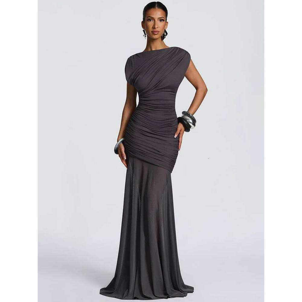 Mozision Sleeveless Ruched Sexy Maxi Dress Women Gown Elegant Patchwork Mesh O Neck High Waist Skinny Club Party Long Dresses