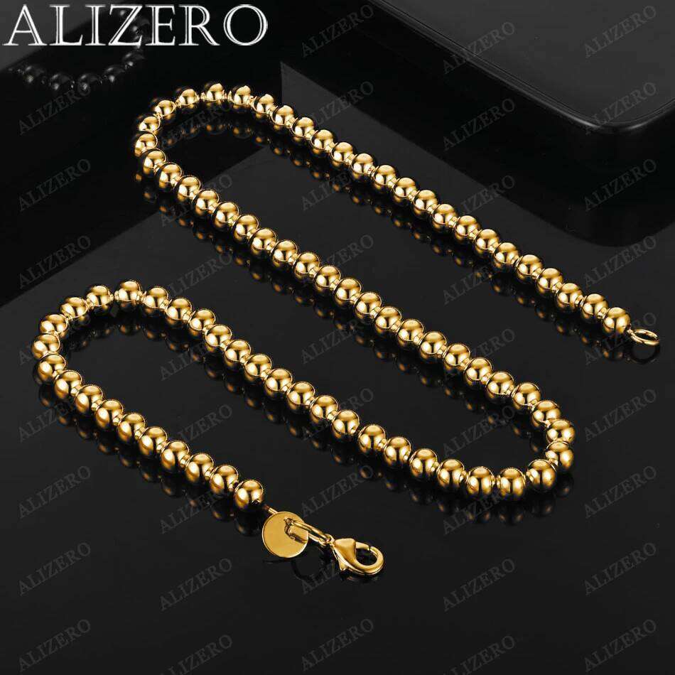 ALIZERO 18K Gold Smooth 6mm Beads Necklaces 18 Inches Women Man Fine Jewelry Wholesale Personality Trend Bead Chain Necklace