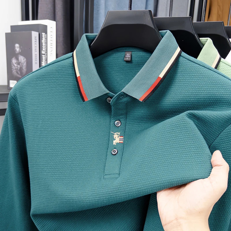 2026 Spring Light Fashion 100 Cotton Embroidered Polo Shirt Mens Trendy Long Sleeve Collar Bottom Tshirt 260107