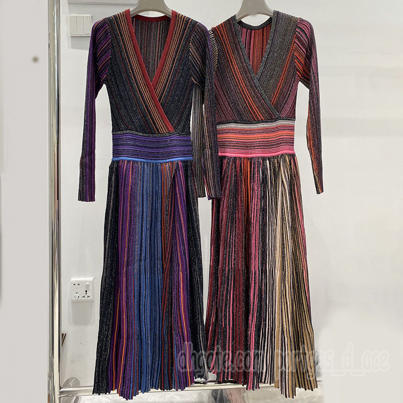 Colorful Pleated Dress Women Sexy V Neck Dress Elegant Long Sleeve Long Dress Summer Beach Vacation Dresses