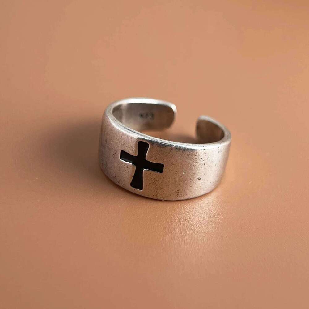 925 Sterling Silver Rings For Women Vintage Handmade Adjustable Black Cross Pattern Ring Fashion Female Bijoux Gift