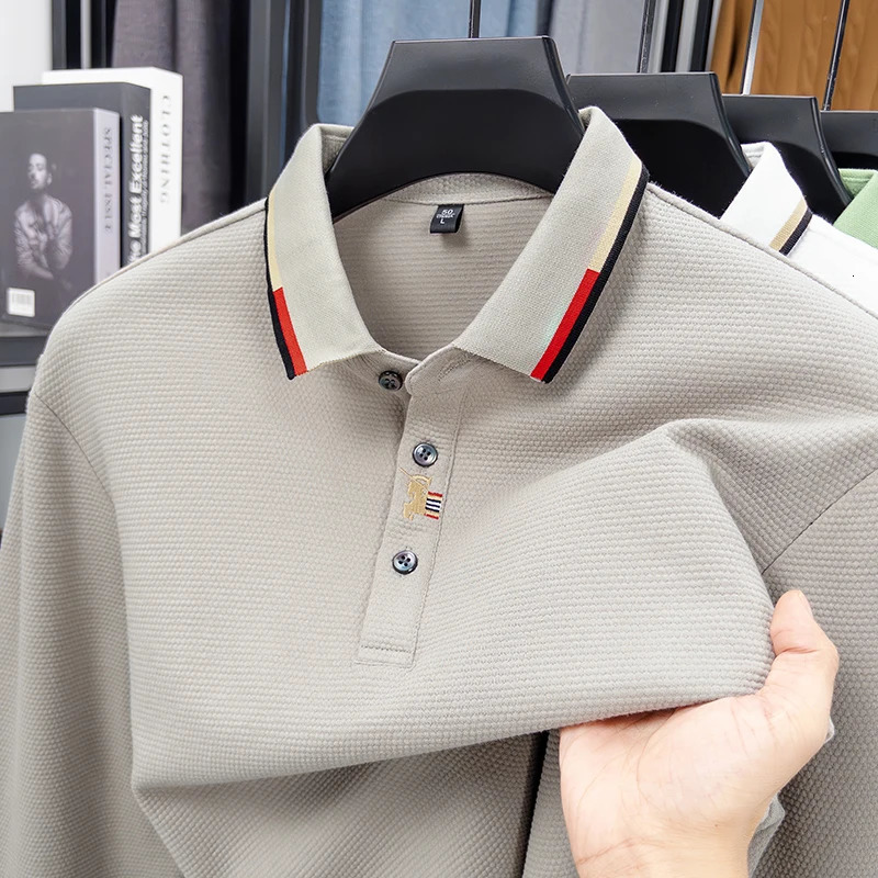 2026 Spring Light Fashion 100 Cotton Embroidered Polo Shirt Mens Trendy Long Sleeve Collar Bottom Tshirt 260107