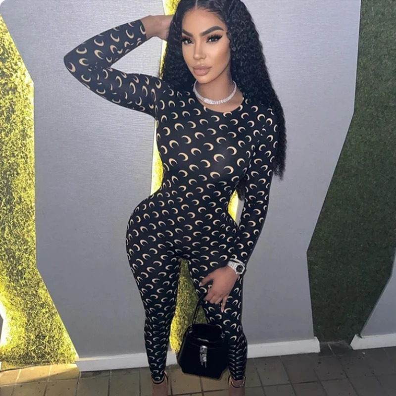Retro Jumpsuit Women Sexy Slim Fit Moon Print Long Sleeve Tight Leggings Round Neck Versatile Casual Wear Autumn Fashion260107