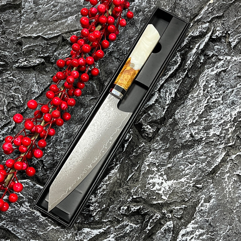8-inch Japanese knife 45 layer Damascus steel colored wooden handle kitchen knife meat/vegetable cutter/multi-purpose knife 241224