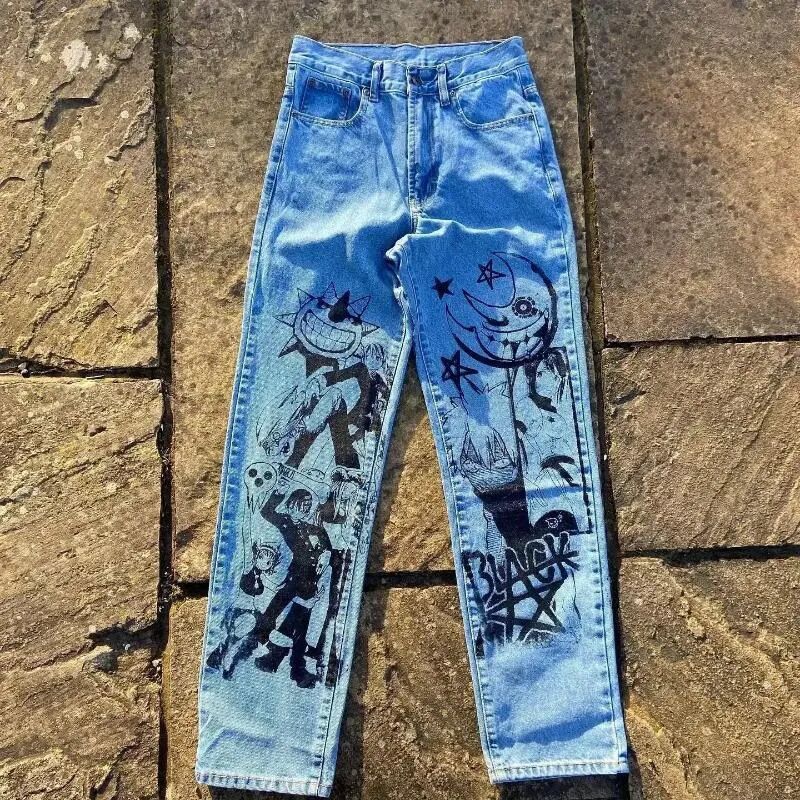 Men's Jeans Streetwear Jeans Y2K Japanese Harajuku Hip Hop Graphic Print Baggy Jeans Black Pants Mens Gothic High Waist Wide Leg Trousers For Men