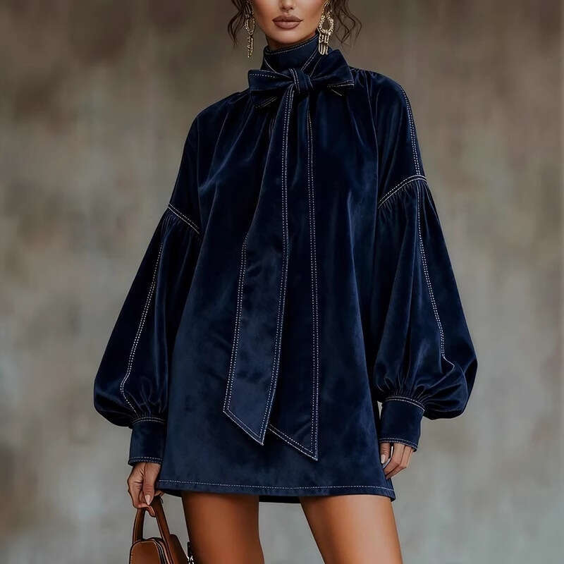 European American Women's Clothing Amazon Independent Station Autumn and Winter Velvet Retro Long Sleeve Bow Short Dress