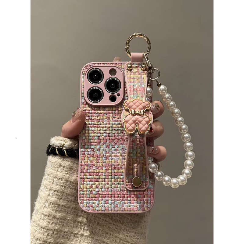 Phone Case For iPhone 17 Pro Max Autumn Winter Chanel Style Woven Leather Texture Bear for Apple 17 Phone Case 16 Wrist Strap Chain 15 Full Protection