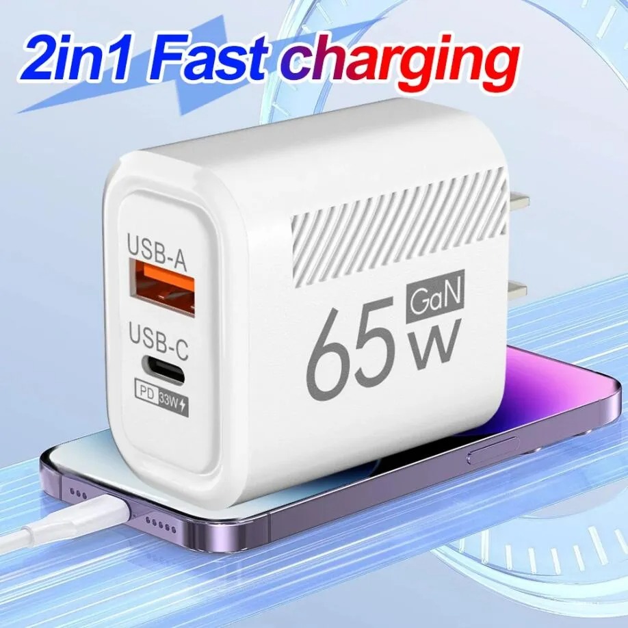 65W USB C Wall Charger Block Quick Charge 2 Ports PD 33W Type C Phone Fast Charging EU US Plug Travel Power Adapter For iPhone 16 15 14 13 12 11 Samsu