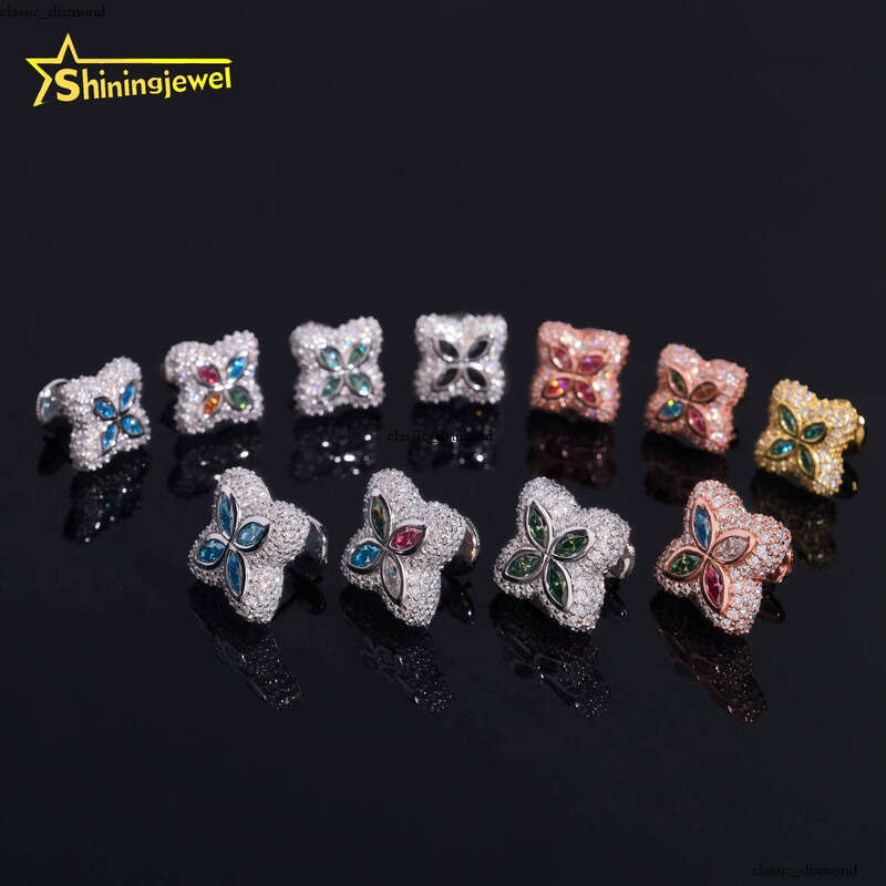 VVS Moissanite 925 Sterling Silver Colorful Clover with Screw Back Fine Jewelry Men and Women Ice Silicon Stone Earrings for Daily Wear