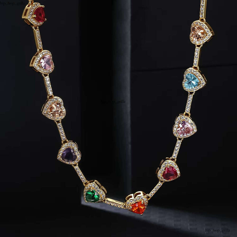 Custom 18k Gold Plated Multicolor Heart-Shaped Chain Heart Jewelry Rainbow VVS Moissanite Gemstone Necklace for Women and Men