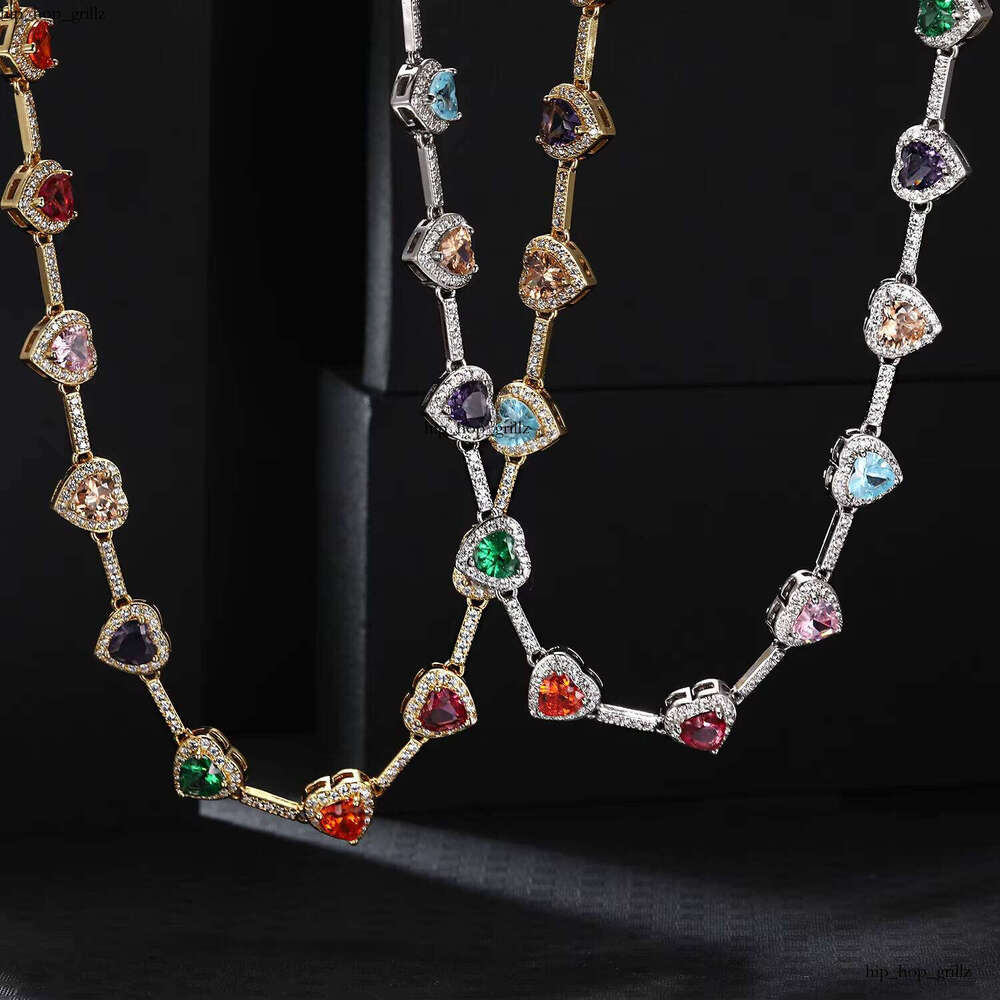 Custom 18k Gold Plated Multicolor Heart-Shaped Chain Heart Jewelry Rainbow VVS Moissanite Gemstone Necklace for Women and Men