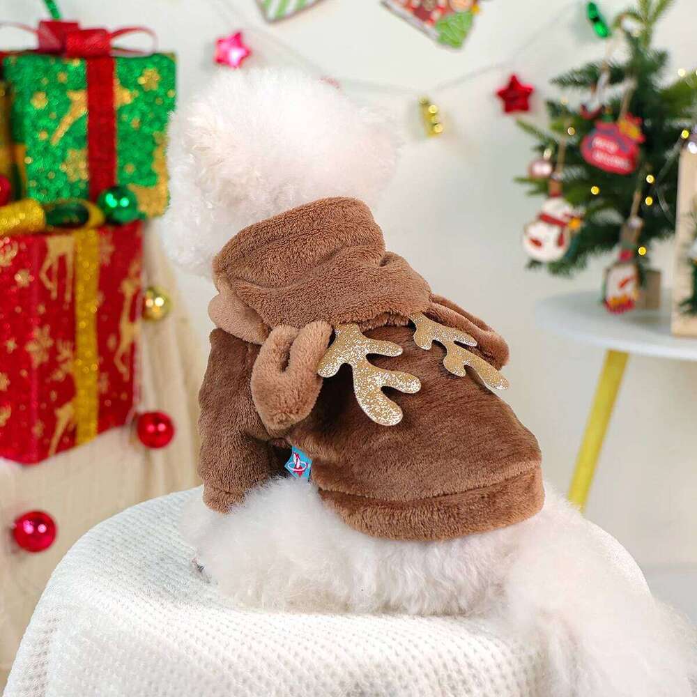 1Pc Pet Clothes Cute with Three-dimensional Elk Horn Cat Dog Christmas Clothing Autumn and Winter Fleece Hoodie XJ251225