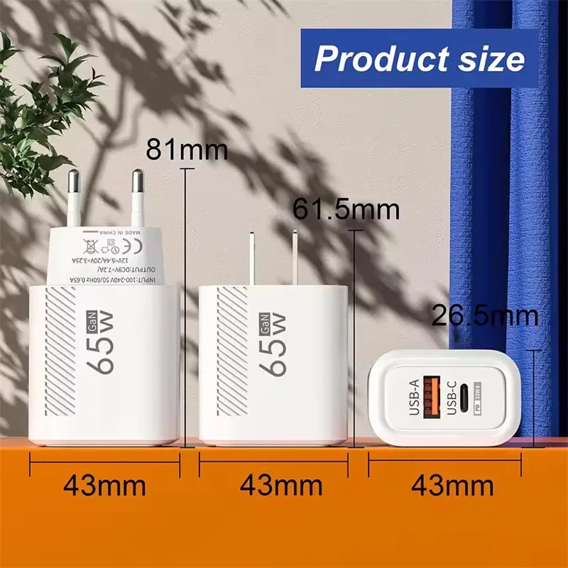 65W USB C Wall Charger Block Quick Charge 2 Ports PD 33W Type C Phone Fast Charging EU US Plug Travel Power Adapter For iPhone 16 15 14 13 12 11 Samsu