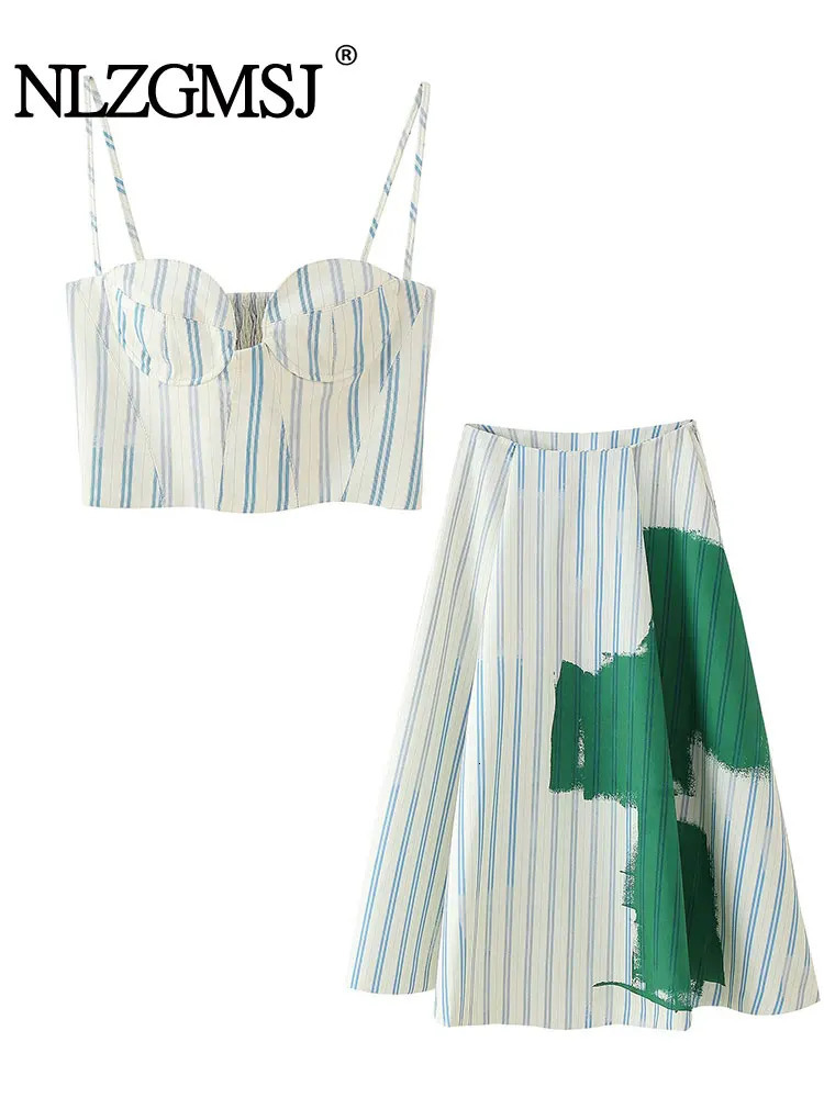 Summer Women Striped Tight Corset Cami Short Tops Straight Loose Skirt Fashion Holiday Beach Sets 260107