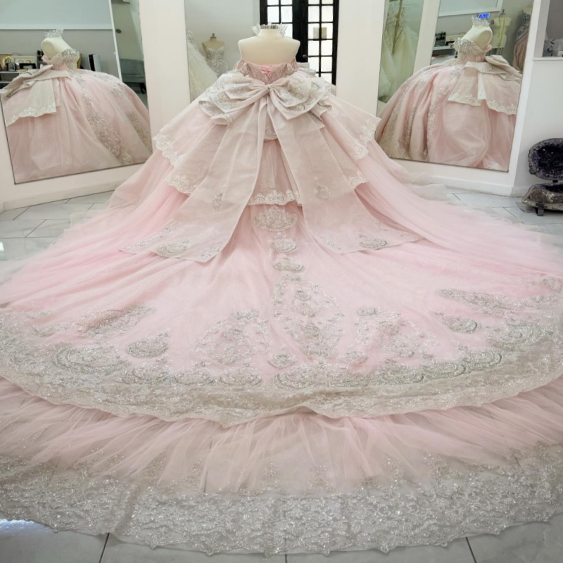 Pink Quinceanera Dresses Off Shoulder Ball Gown Sweet 16 Dress Applique Lace Beading Crystal Bow Tull Birthday Party Vestidos 15 Anos