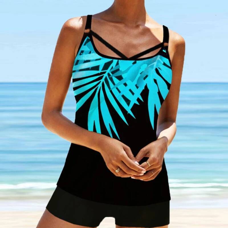 Leaf Printed Swimsuit Women Sexy Strap Cross Backless Plus Size Tankini Set Female Summer Beach 2 Pieces Swimwear Bathing Suit dongdumaoyi