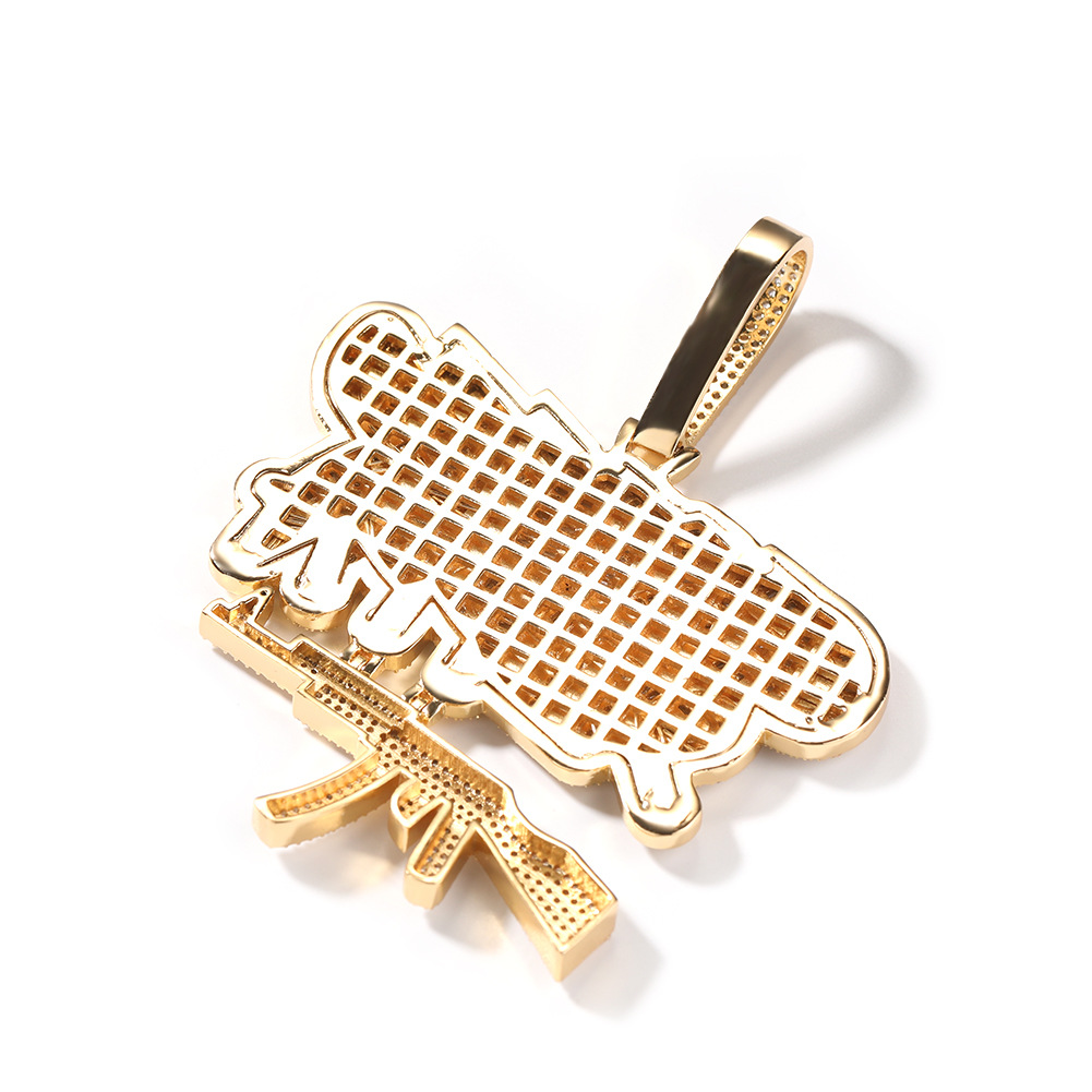 Hip Hop Full 5A Zircon Letters AK47 Gun Pendant Necklace Rap Jewelry Gold Plated