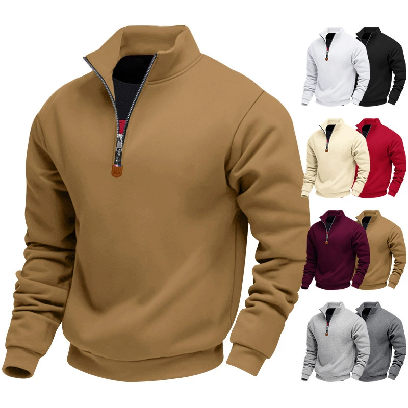 Men's American Sporty Casual Heavyweight Fleece-lined Skin-friendly Warm Stand Collar Long Sleeve Half-zip Sweatshirt