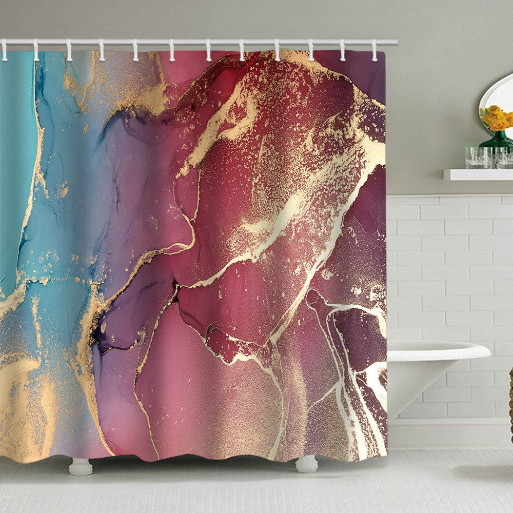 YL-38117 Marble Pattern Shower Curtain, Abstract Geometric Texture, Polyester Waterproof Shower Curtain Set with Hooks
