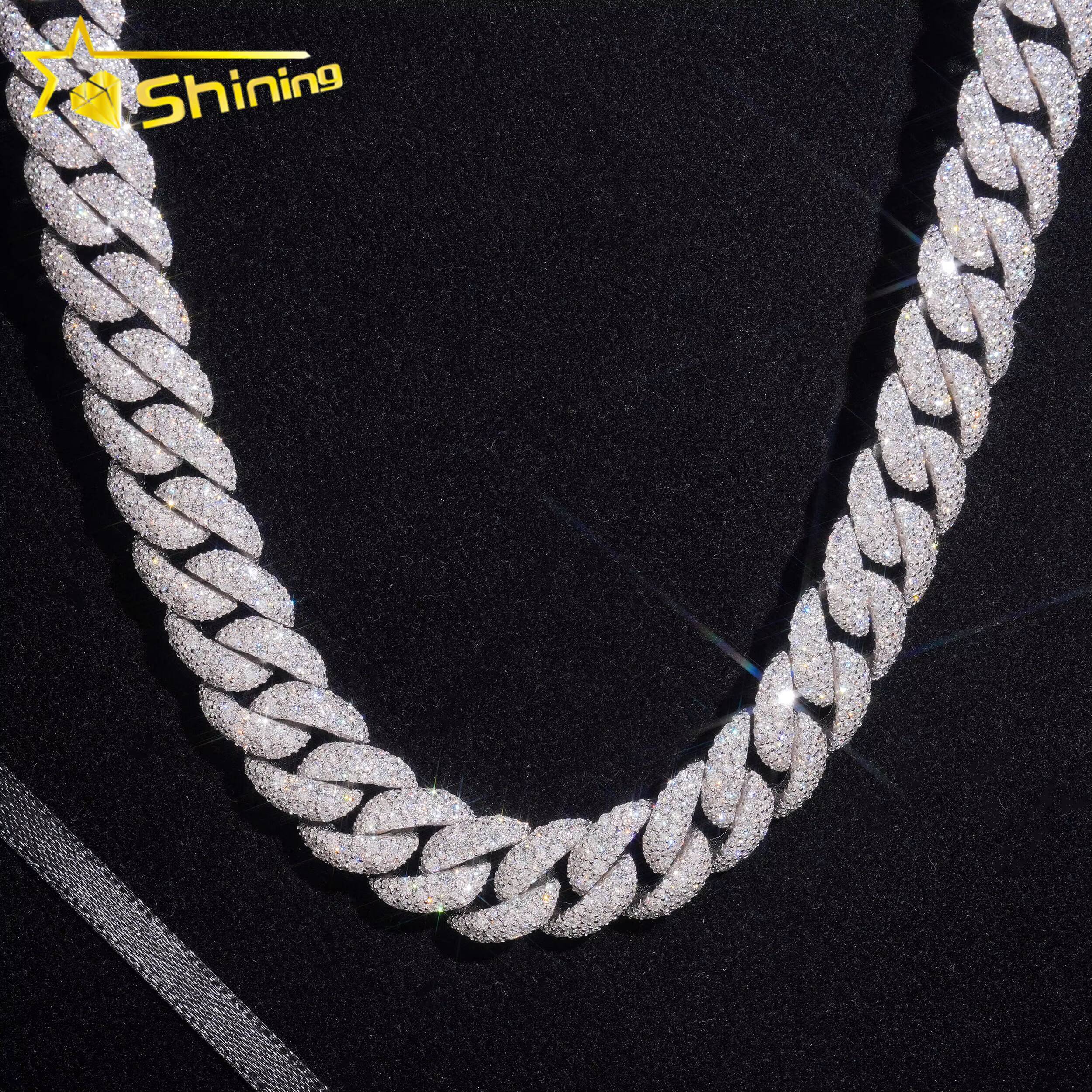 USA Warehouse Fast Shipping 15mm 925 Solid Silver Hip Hop Jewelry Iced Out Moissanite Diamond Mosaic Setting Cuban Link Chain
