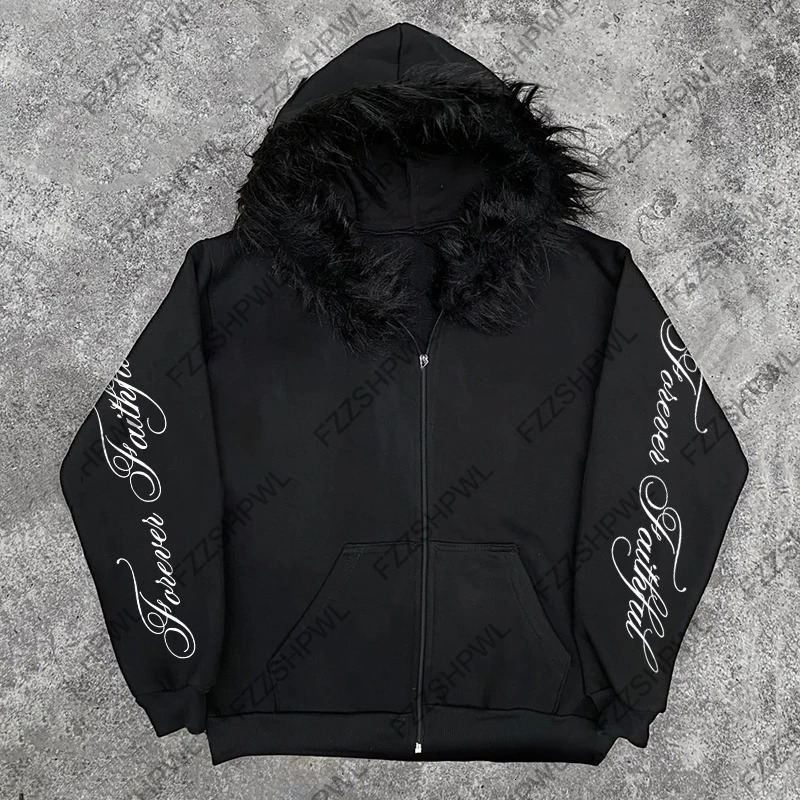 Y2K Zip up hoodie Hiphop Dark Faux Fur Collar Harajuku Letter Print Punk Zipper Hoodie sweatshirt Gothic Streetwear Chic Jacket 251231