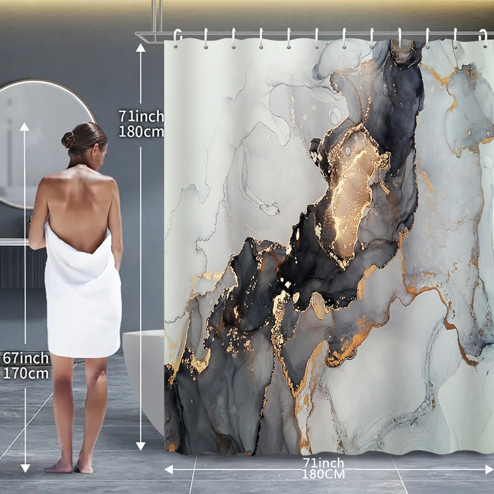 YL-38129 Custom Marble Pattern Shower Curtain, Abstract Geometric Texture, Polyester Waterproof Shower Curtain Set with Hooks