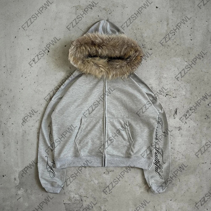 Y2K Zip up hoodie Hiphop Dark Faux Fur Collar Harajuku Letter Print Punk Zipper Hoodie sweatshirt Gothic Streetwear Chic Jacket 251231