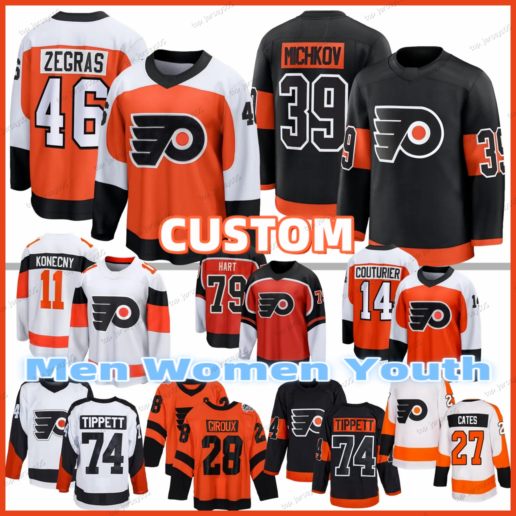 39 Matvei Michkov flyer jersey 46 Trevor Zegras Noah Cates Sean Couturier Travis Konecny Owen Tippett Bobby Clarke Eric Lindros Samuel Ersson Porter Martone
