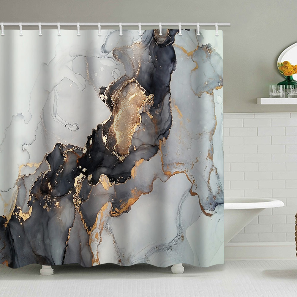YL-38129 Custom Marble Pattern Shower Curtain, Abstract Geometric Texture, Polyester Waterproof Shower Curtain Set with Hooks