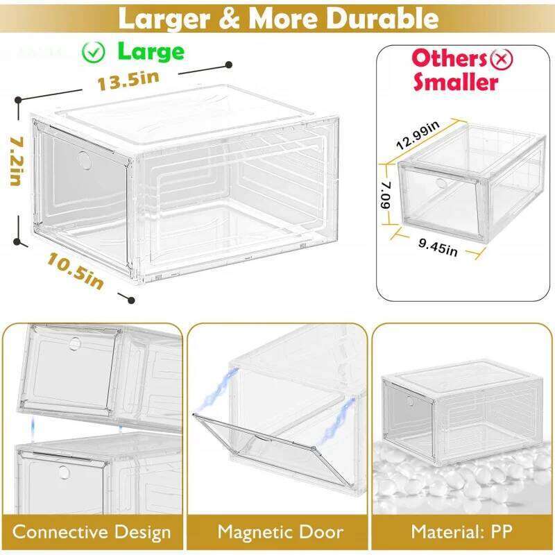 6 pcs Thicken & Sturdy Clear Storage Organizer with Magnetic Door, Foldable Shoe Rack for Sneaker Boot Container. 26T0108