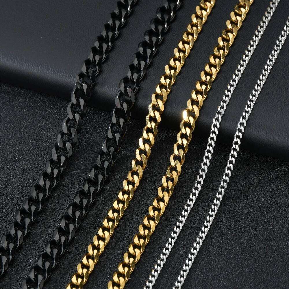 Freeteeme Hip Hop 3/5/7mm Wide Cuban Chains Necklace for Men Stainless Steel Basic Simple Punk Curb Chunky Link Choker Jewelry