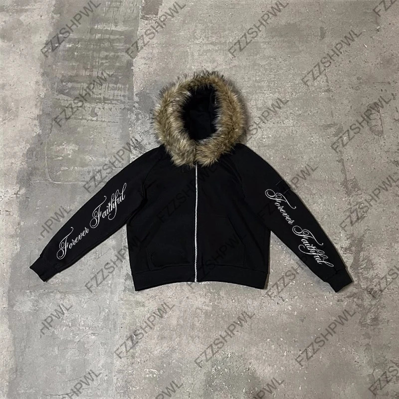 Y2K Zip up hoodie Hiphop Dark Faux Fur Collar Harajuku Letter Print Punk Zipper Hoodie sweatshirt Gothic Streetwear Chic Jacket 251231