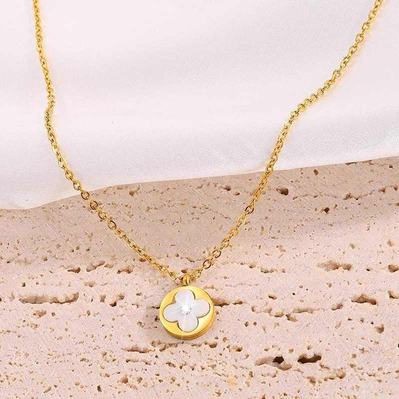 1pcs Fashionable And Simple Round White Shell Flower Pendant StainlESS Steel Non-Fading Necklace H260108