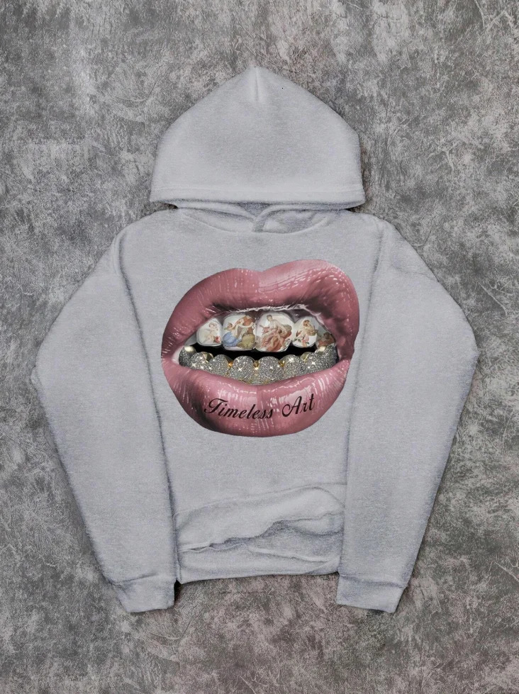 Mens hoodie casual pink lip print hoodie retro comfortable sweatshirt casual high-quality hoodie 260106