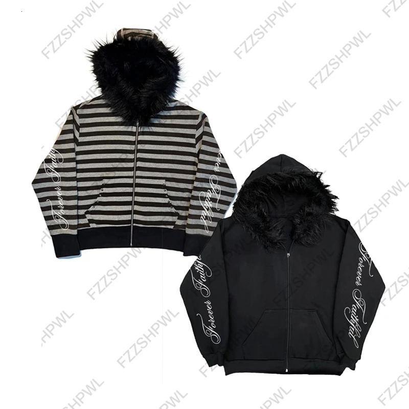 Y2K Zip up hoodie Hiphop Dark Faux Fur Collar Harajuku Letter Print Punk Zipper Hoodie sweatshirt Gothic Streetwear Chic Jacket 251231