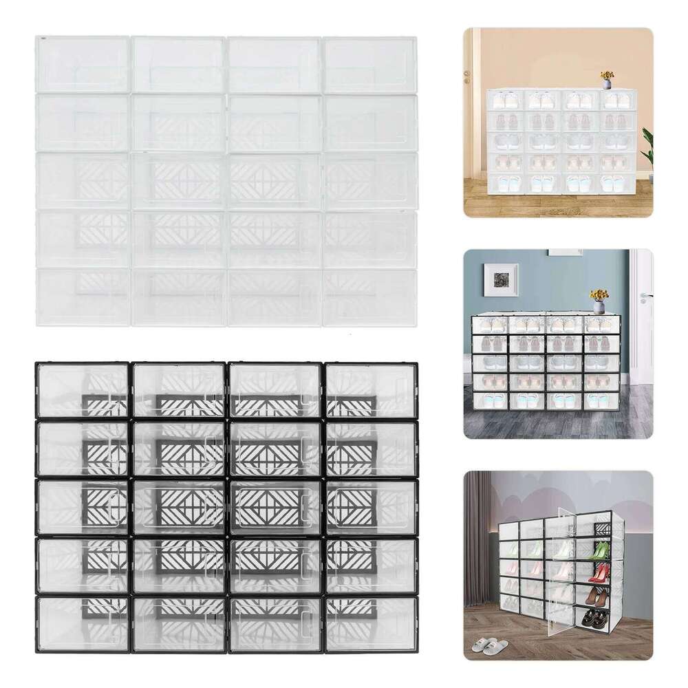 20 Pcs Storage Box Transparent PP Plastic Shoe Cabinet Moisture & Dust Proof Modern Organizer Black/White 26T0108