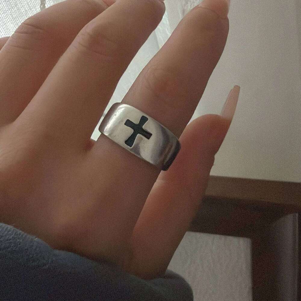 925 Sterling Silver Rings For Women Vintage Handmade Adjustable Black Cross Pattern Ring Fashion Female Bijoux Gift