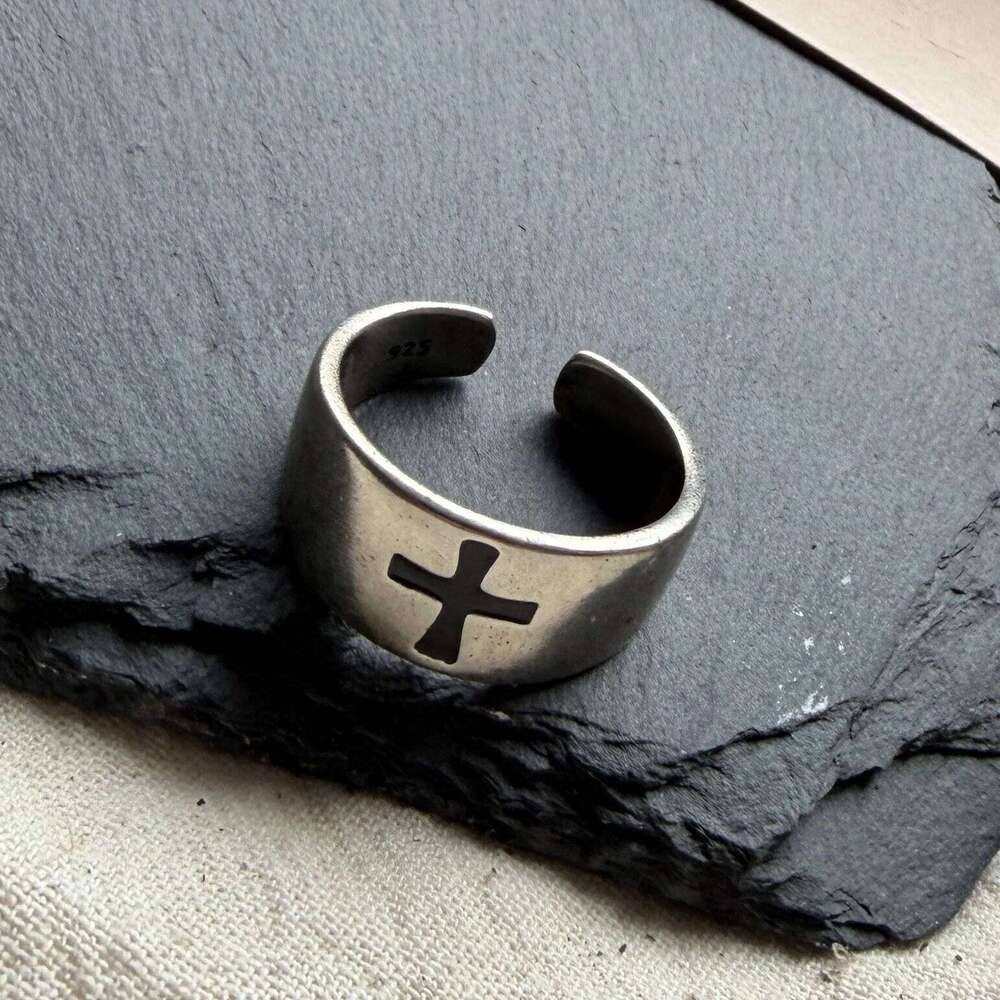 925 Sterling Silver Rings For Women Vintage Handmade Adjustable Black Cross Pattern Ring Fashion Female Bijoux Gift